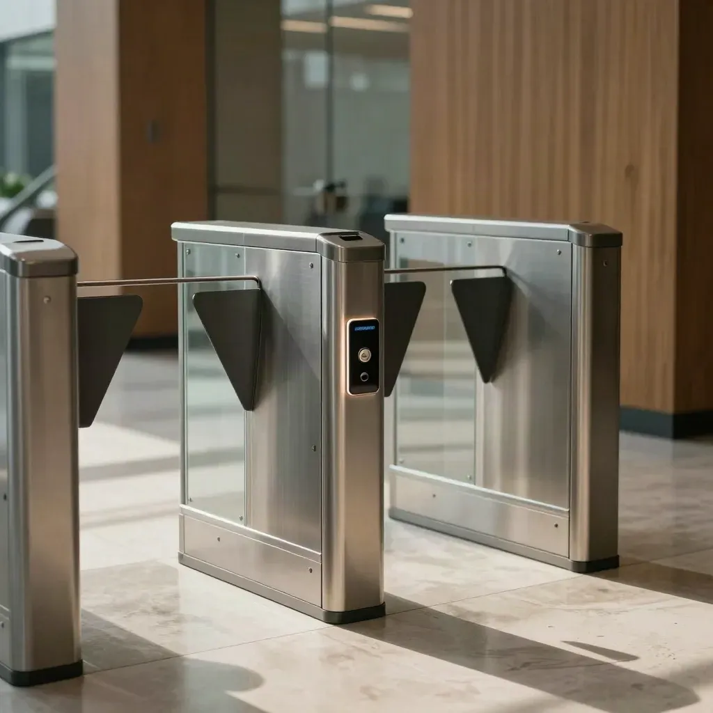 Tornello in acciaio, lettore RFID e anta in vetro in un ingresso ufficio moderno.