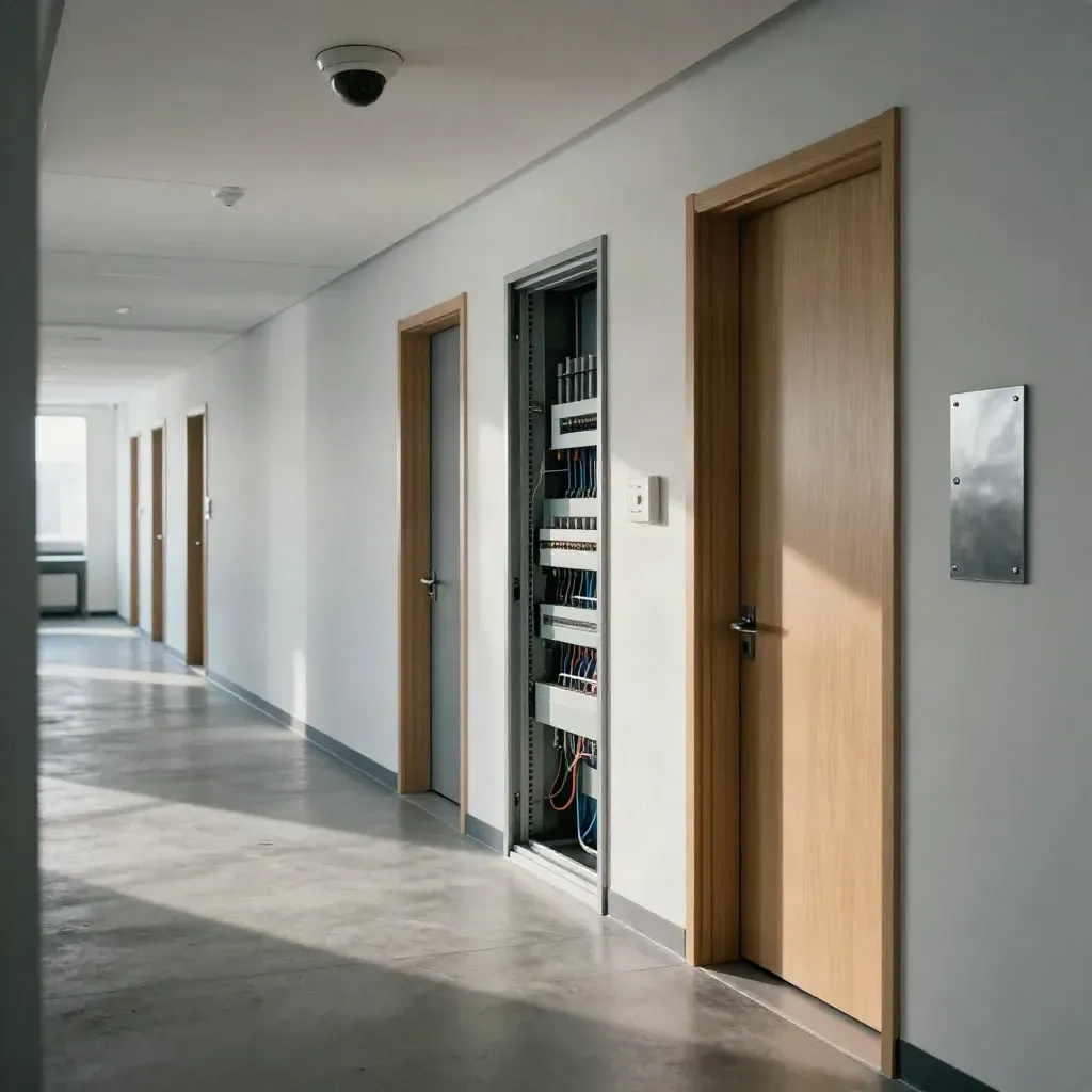 Corridoio ufficio con telecamera, sensore porta e vano elettrico aperto, luce radente e atmosfera tesa.