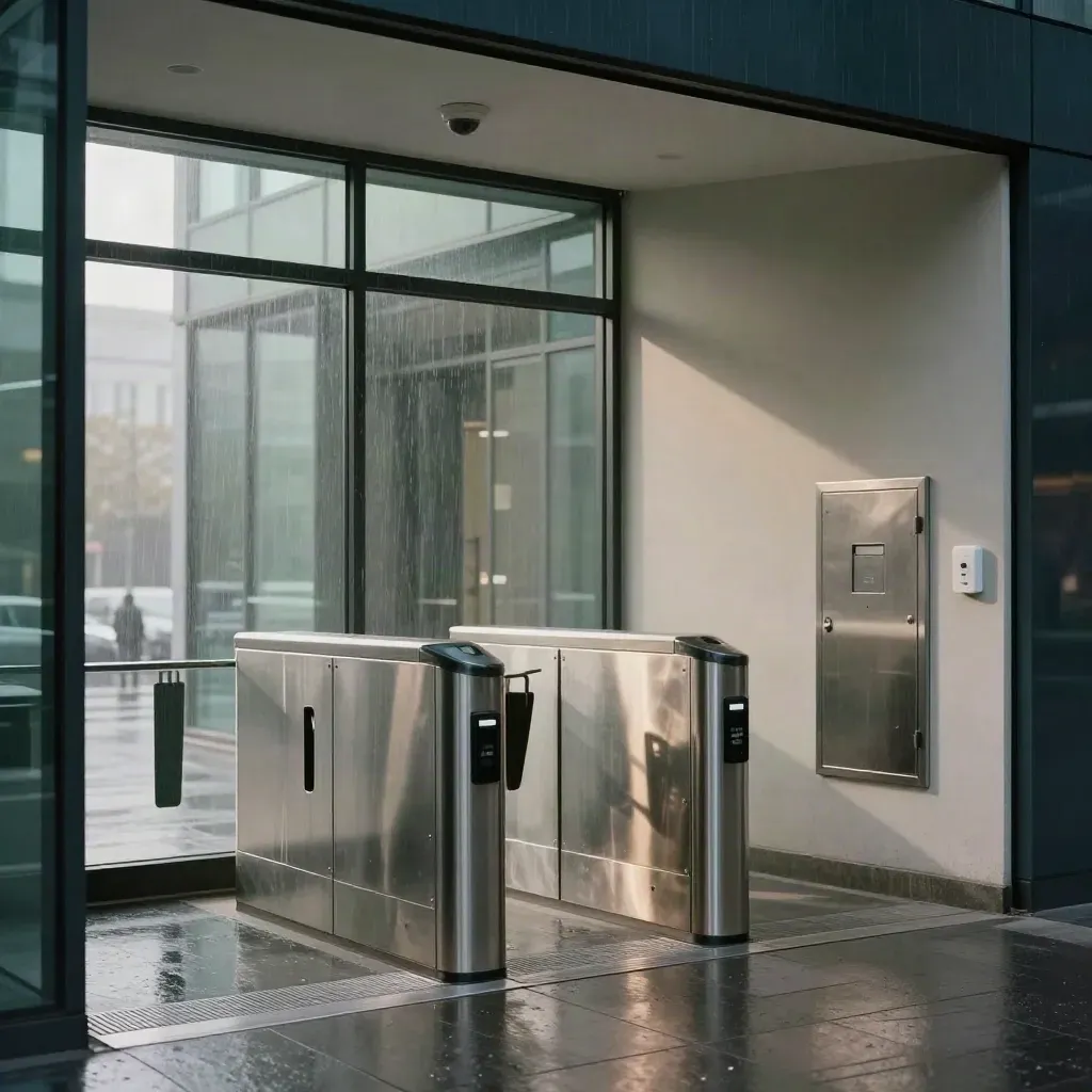 Ingresso ufficio moderno con tornello, lettore badge e dettagli di sicurezza, luce drammatica.