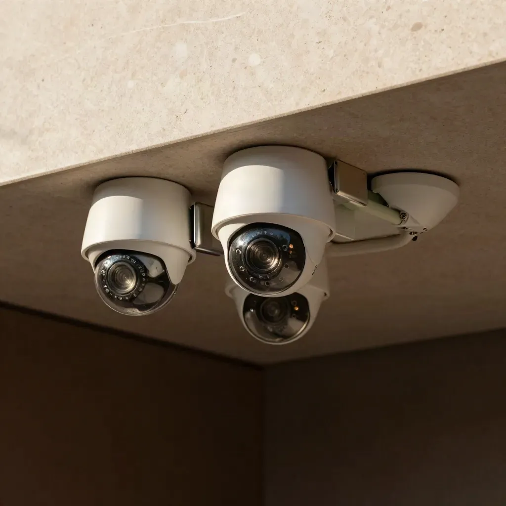 Tre telecamere dome e una scatola di giunzione sopra la reception, viste dal basso.