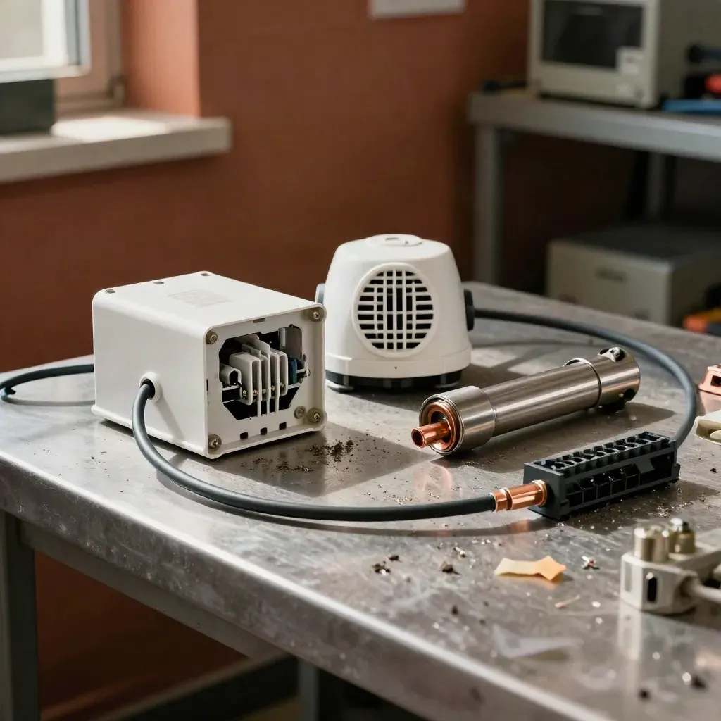 Backup batteria allarme aperto, cavi ordinati e rilevatore su banco metallico in officina.
