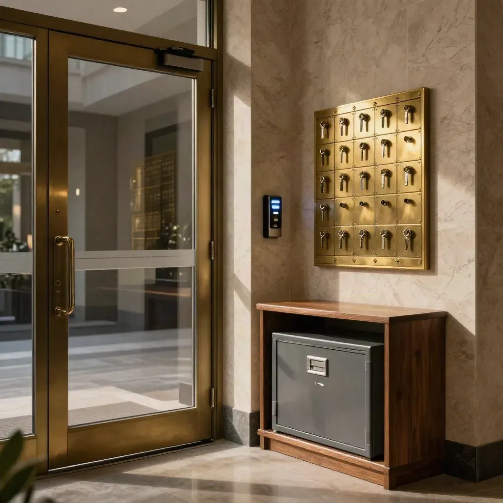Ingresso di studio legale con lettore badge, chiaviera in ottone e cassaforte protetta.