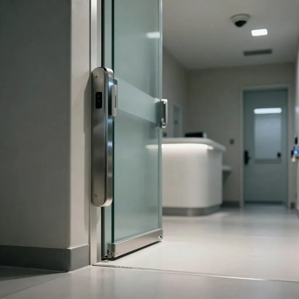 Corridoio clinico protetto con lettore accessi, porta in vetro e luci notturne soffuse.
