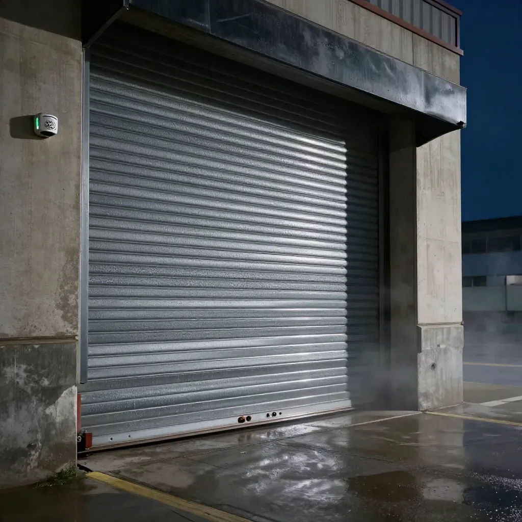 Saracinesca di magazzino in chiusura con sirena, sensore e LED verde nella notte umida.