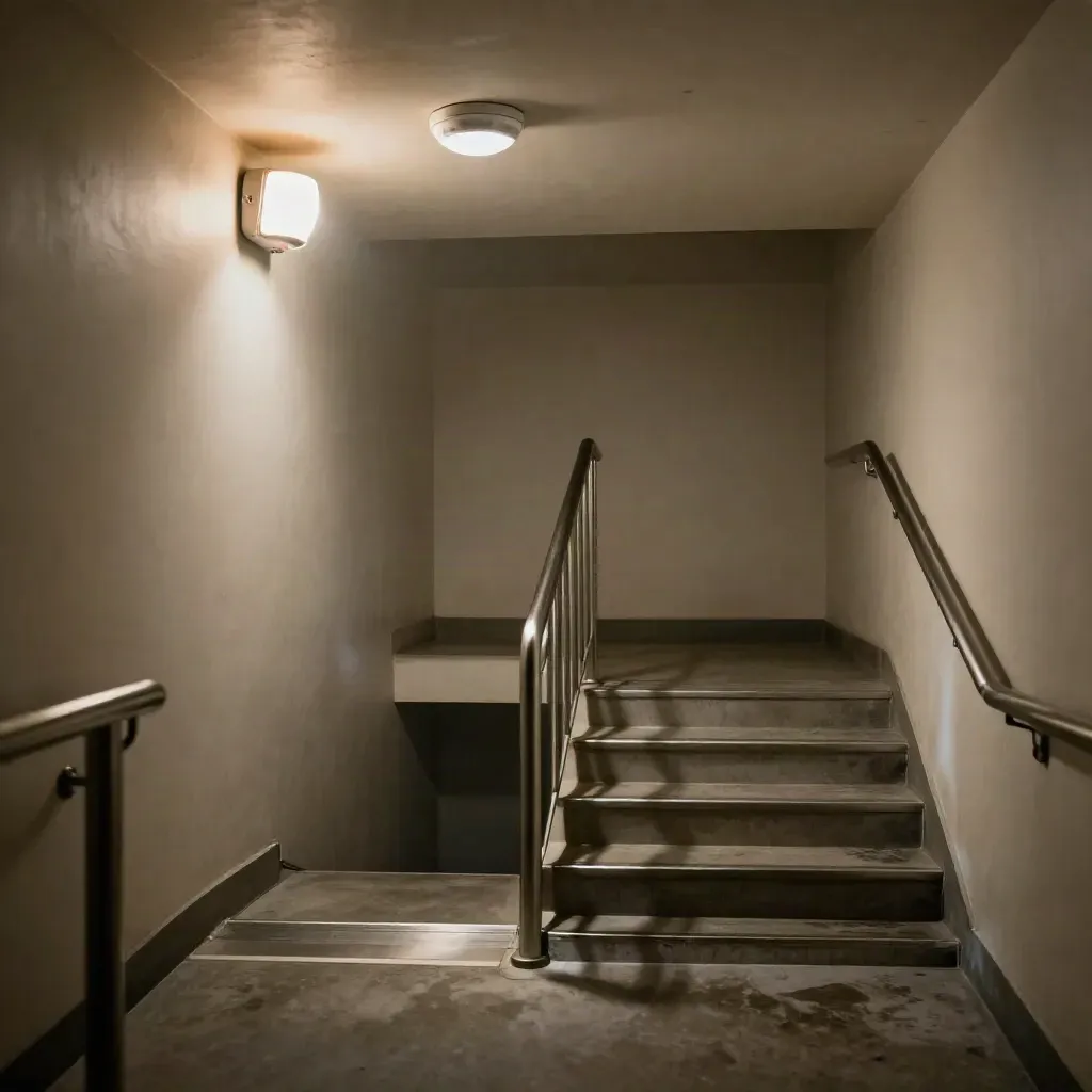 Scala tecnica con luce di emergenza e rilevatore fumo, percorso pulito e pronto al controllo.