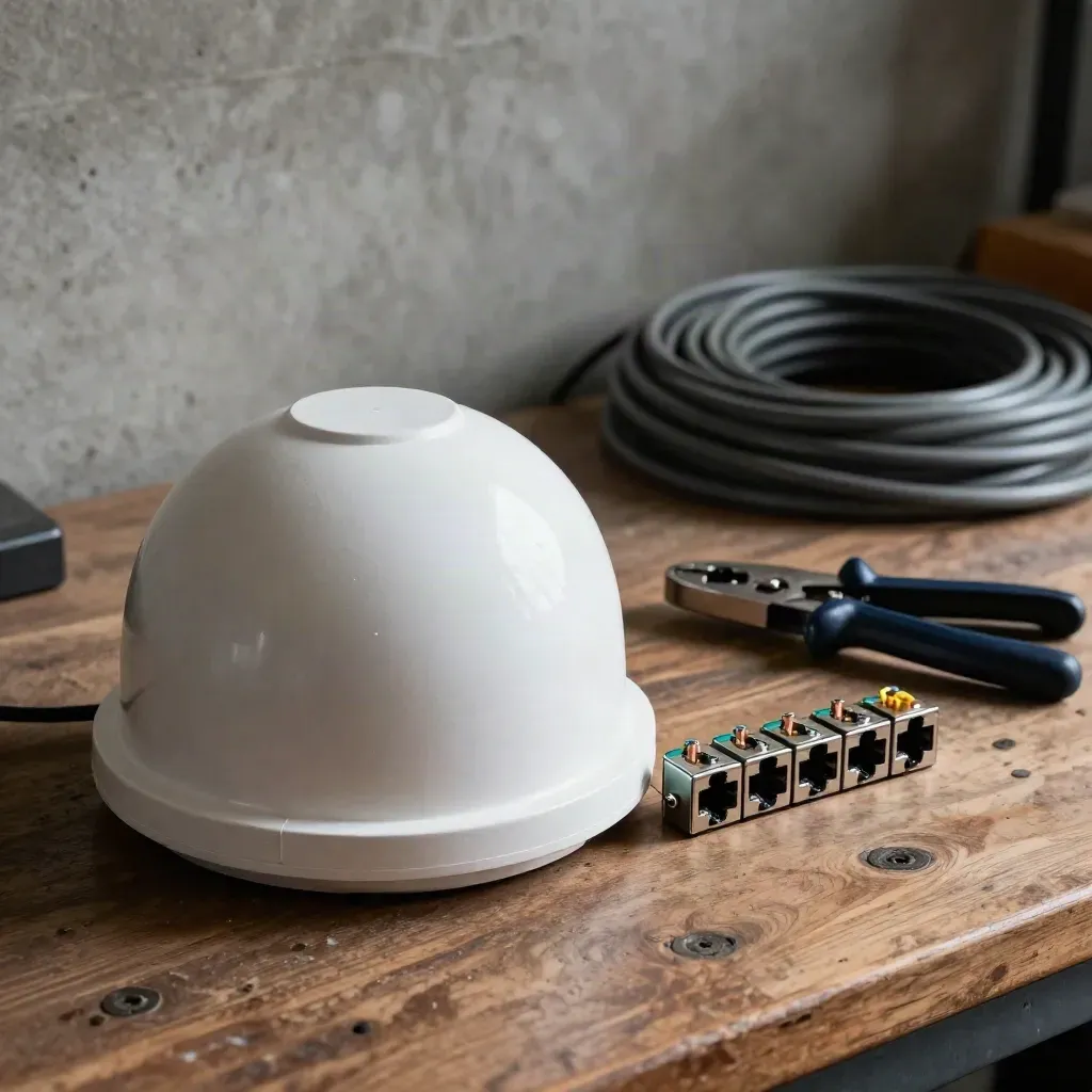 Componenti per installazione sicurezza con dome camera, cavi Ethernet e pinza crimpatrice.