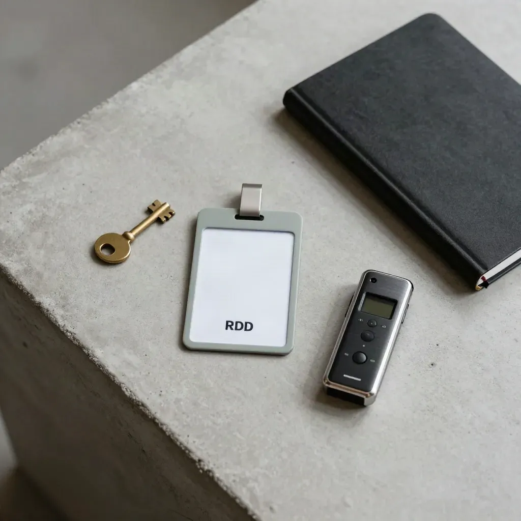 Tessera RFID, chiave in ottone, taccuino chiuso e registratore su cemento, luce morbida.