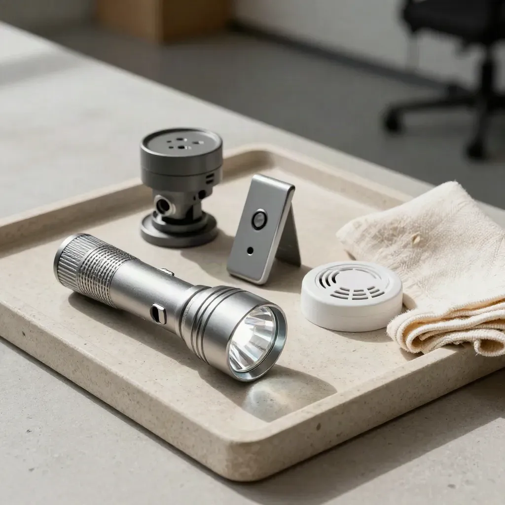 Kit di sopralluogo con torcia, contatto porta, supporto telecamera e rilevatore fumo su vassoio in pietra.