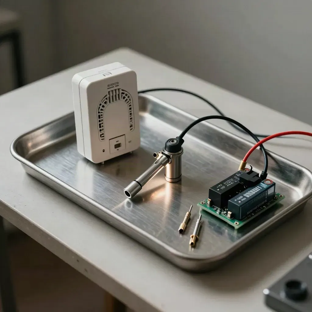 Sensore porta, torcia di test, batteria, relè e cavi su metallo spazzolato.