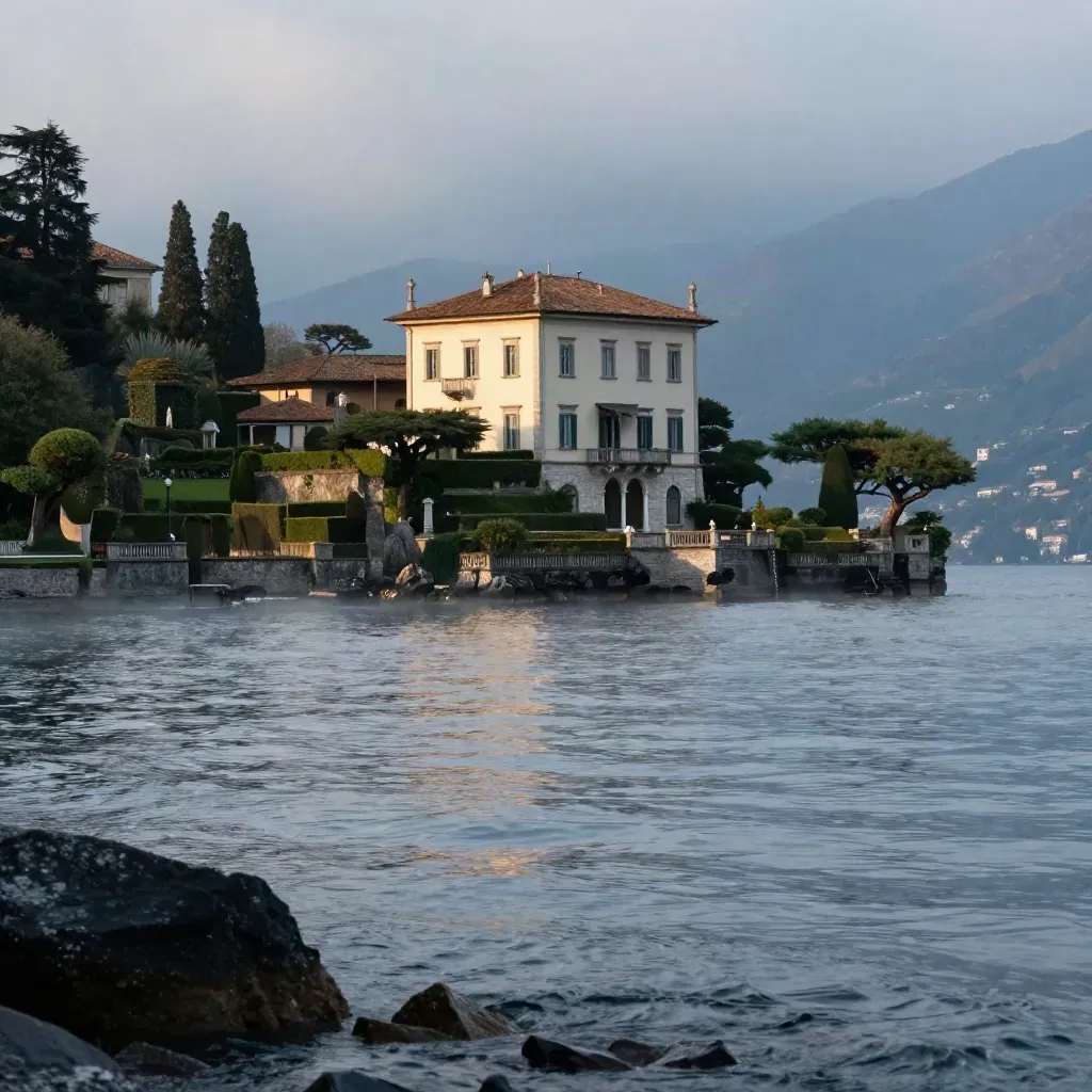 Villa del Balbianello sul Lago di Como al crepuscolo, con nebbia e acqua calma sotto il promontorio.