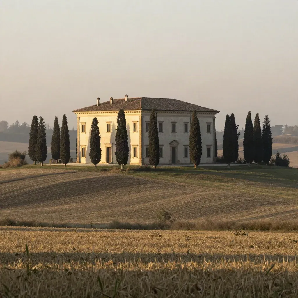 Villa palladiana nel Veneto tra cipressi e nebbia all’alba, campi quieti in primo piano.