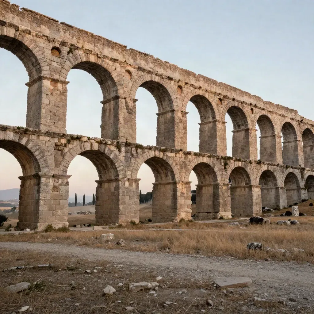 Gli archi dell’Acquedotto Appio al mattino, su una pianura romana calma e luminosa.