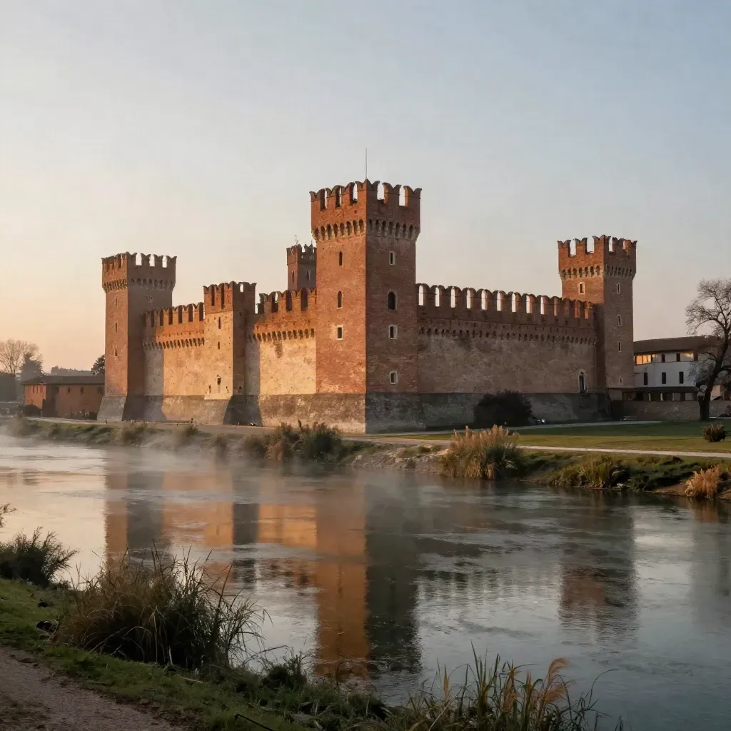 Castello Estense di Ferrara al tramonto sul fossato, con la pianura in lieve foschia.