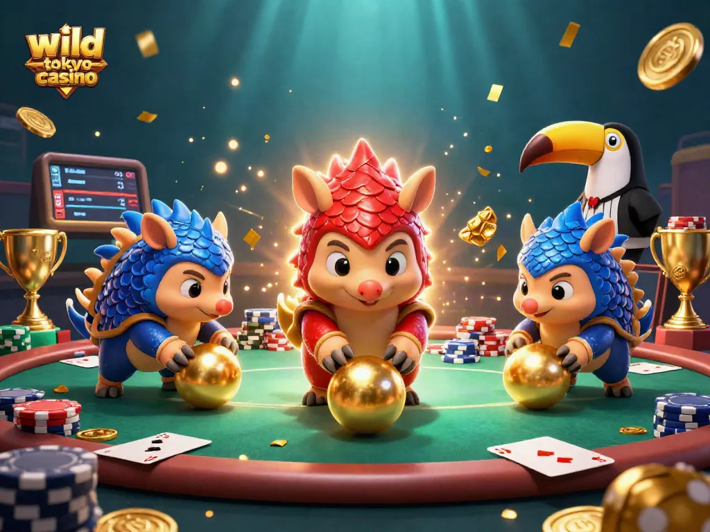 Engage with wild tokyo casino in this vibrant scene of cartoon pangolins bowling through poker chips.